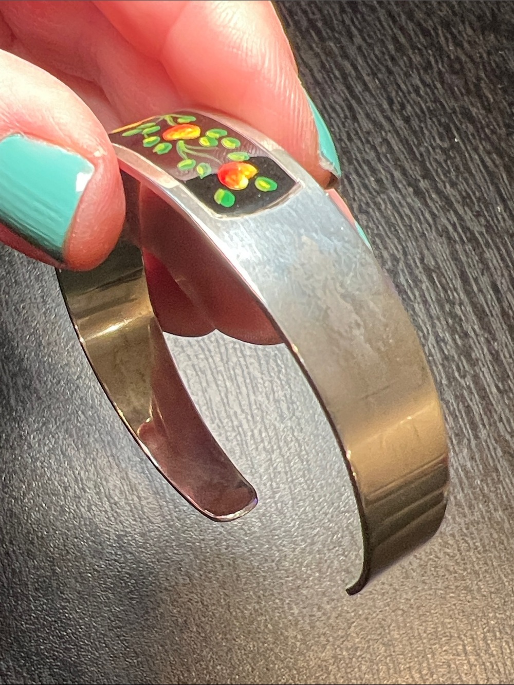 Vintage Antique Handpainted Floral Enamel 800 Silver Cuff Bracelet - Picture 5 of 11